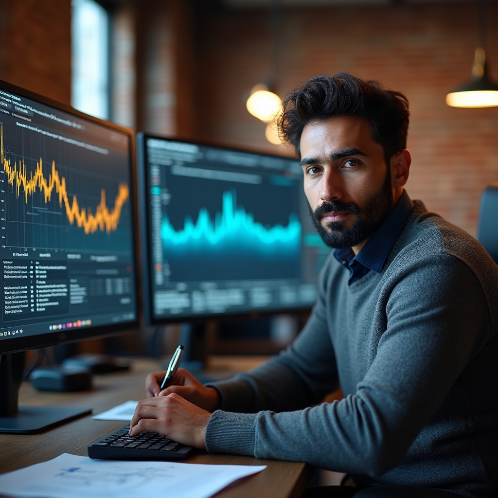 Analyst reviewing infrastructure metrics and latency charts across three monitors