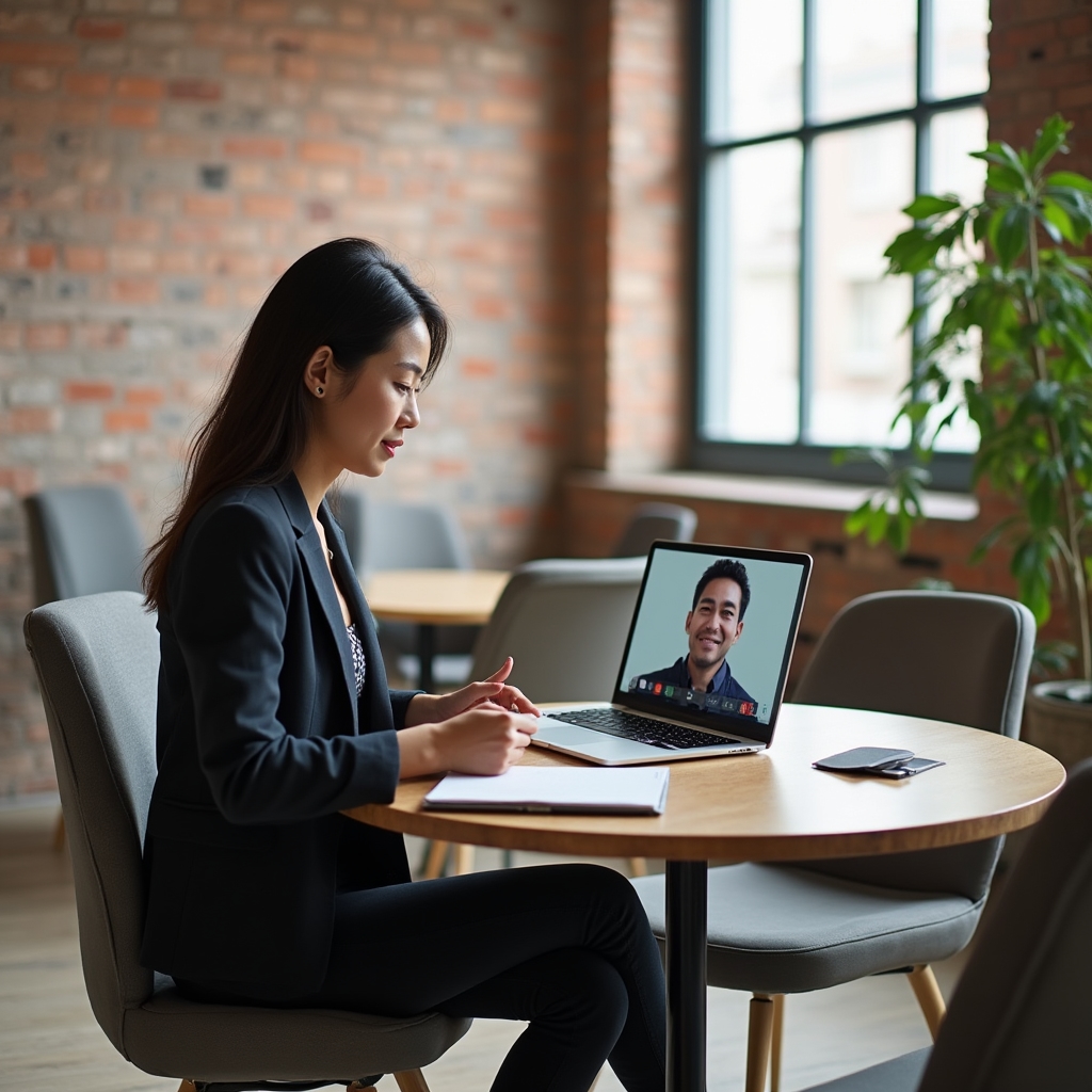 Small meeting room with a laptop open on the table, prepared for a consultation call