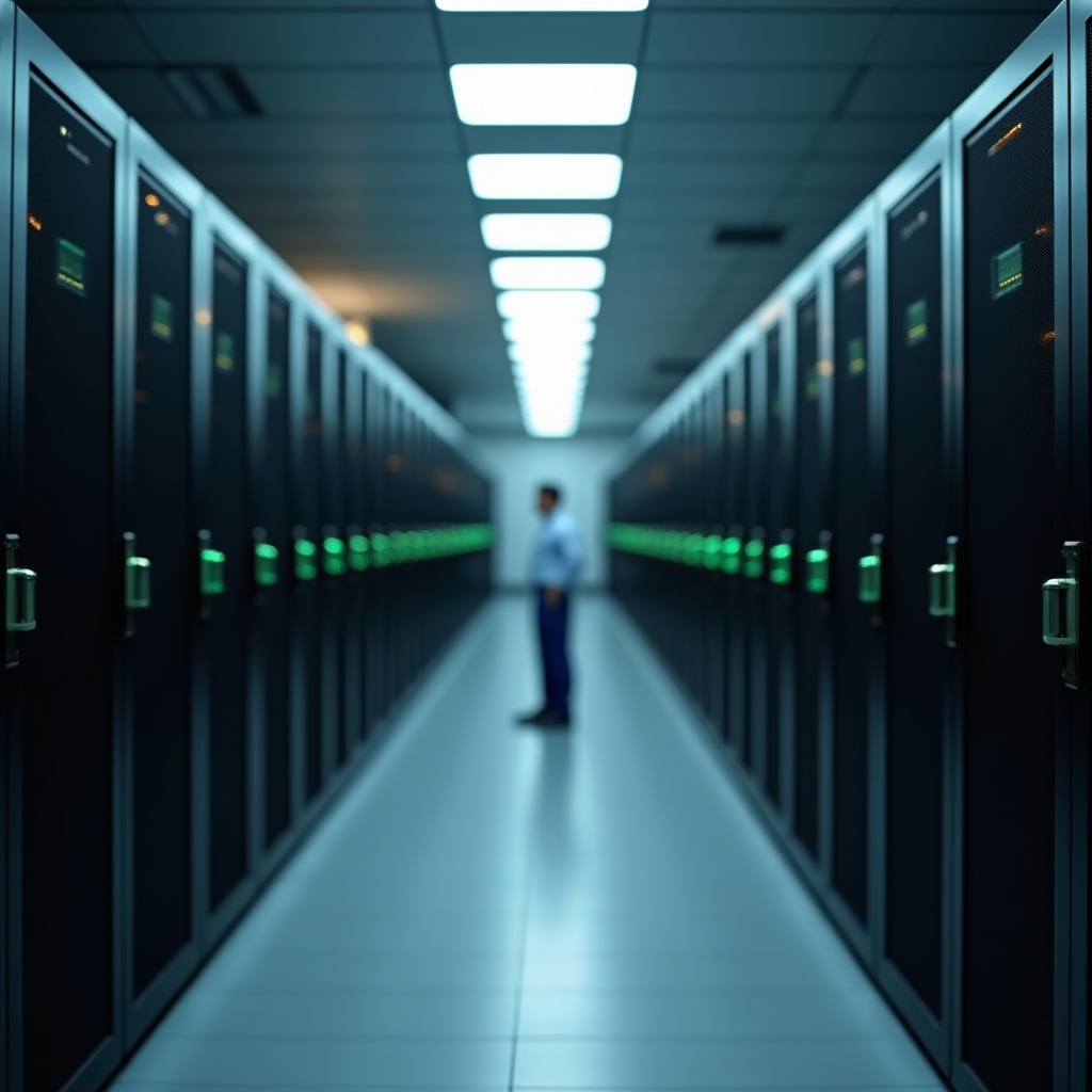 Corridor of server racks in a data center with soft overhead lighting