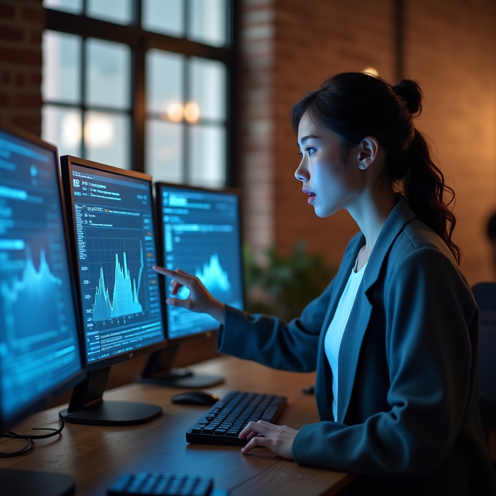 Engineer reviewing backend infrastructure dashboards across multiple monitors in a loft office