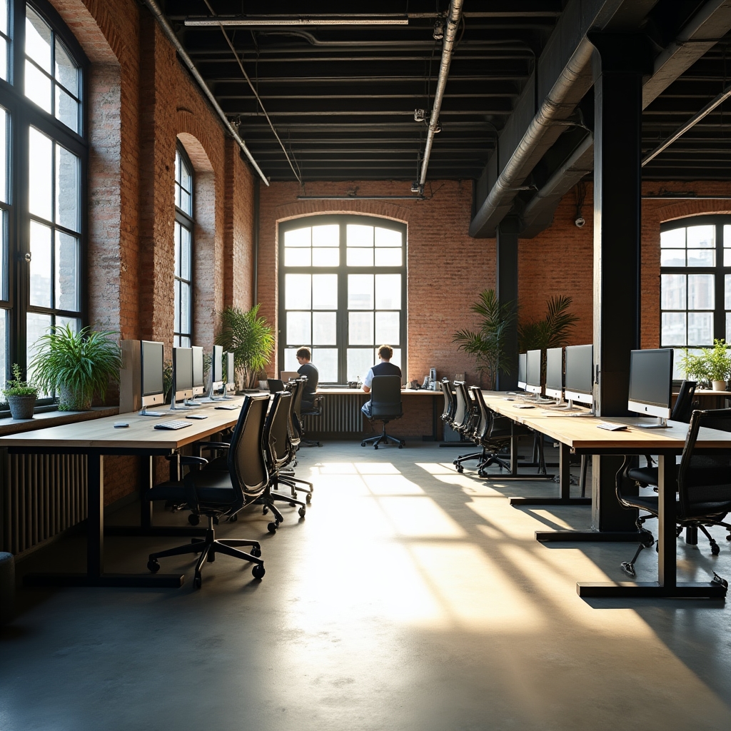 Industrial-chic loft office workspace with exposed brick and open desks