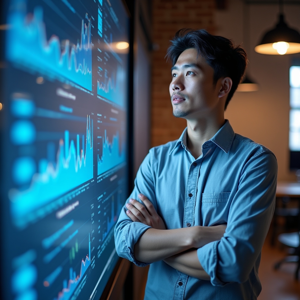 Analyst monitoring payment gateway transaction dashboards on a large screen