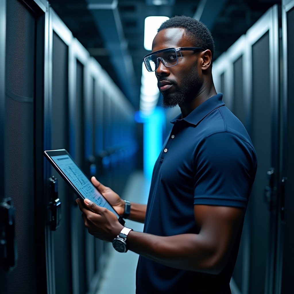 Technician inspecting a server rack with a diagnostic tablet in a data center