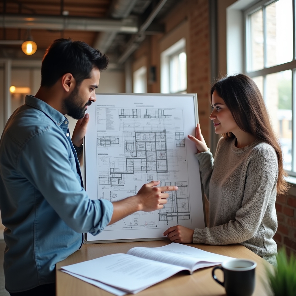 Two engineers reviewing a system architecture diagram together at a loft office desk